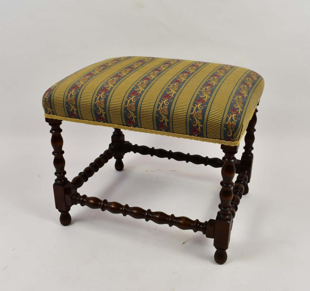 Appraisal: BAROQUE STYLE WALNUT STOOLThe rectangular seat on ring-and-baluster turned supports