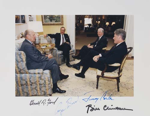 Appraisal: FOUR PRESIDENTS PRESIDENTS Color Photograph Signed by Gerald Ford George