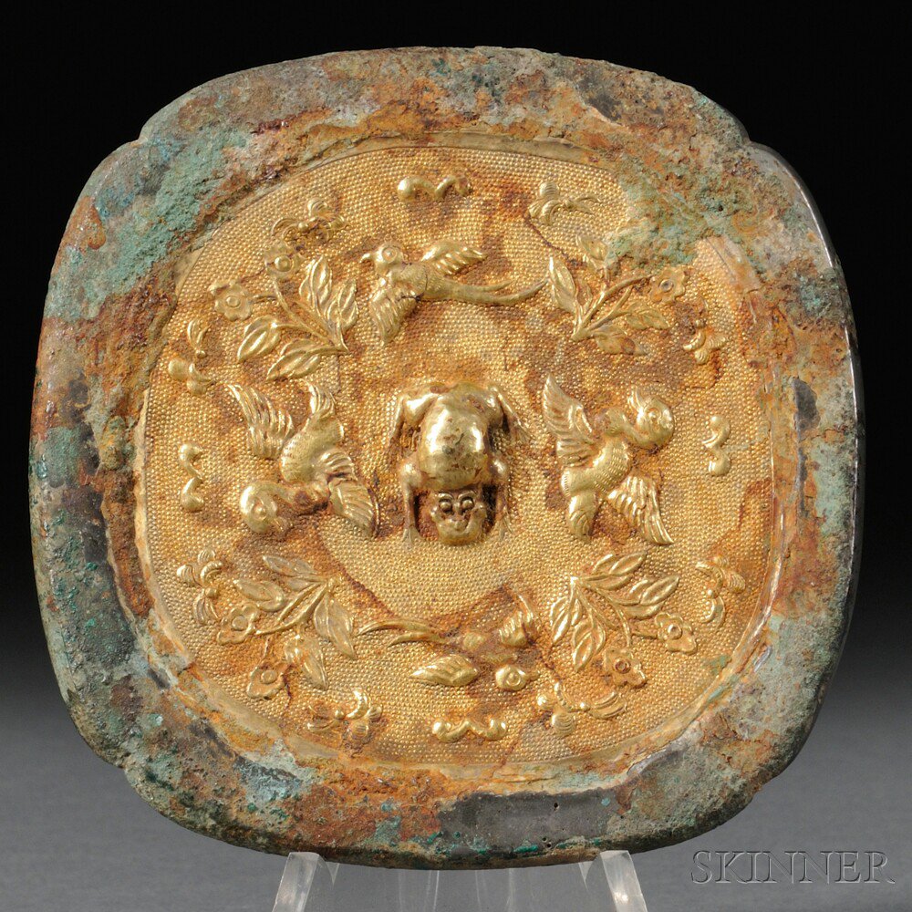 Appraisal: Cast Bronze Mirror China Tang Dynasty style rounded square with