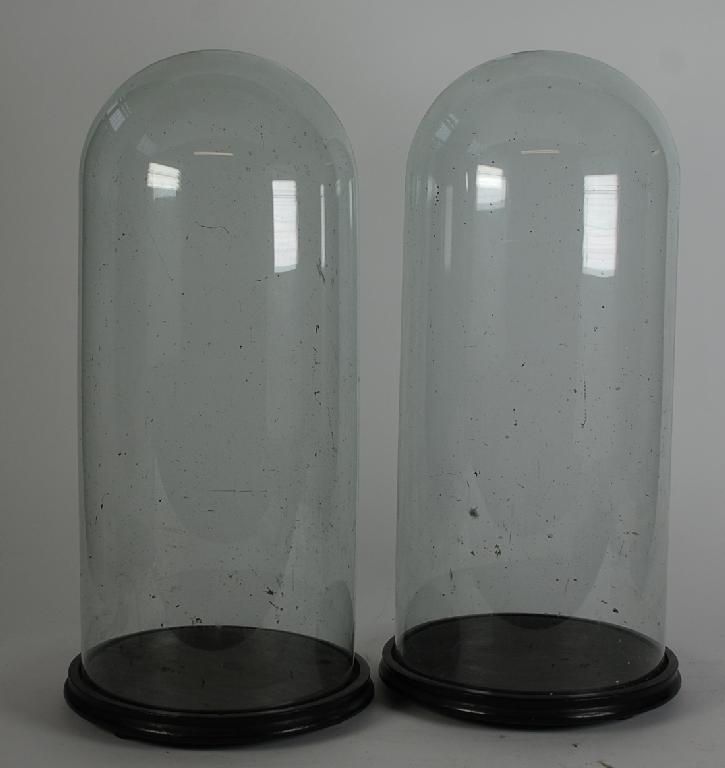 Appraisal: PAIR OF CYLINDRICAL GLASS DOMES on turned wood bases in