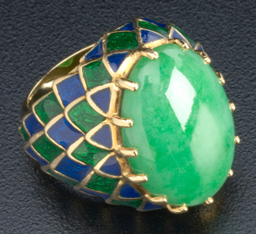 Appraisal: David Webb jade ring of k yg with blue and