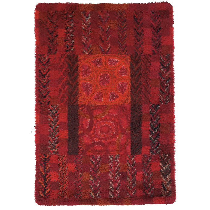 Appraisal: Danish Modern rug wool geometric floral pattern in dark reds