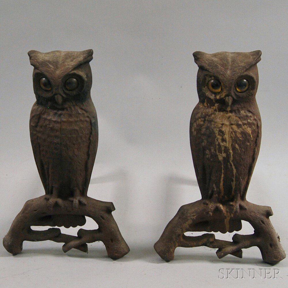 Appraisal: Pair of Cast Iron Owl Andirons late th early th