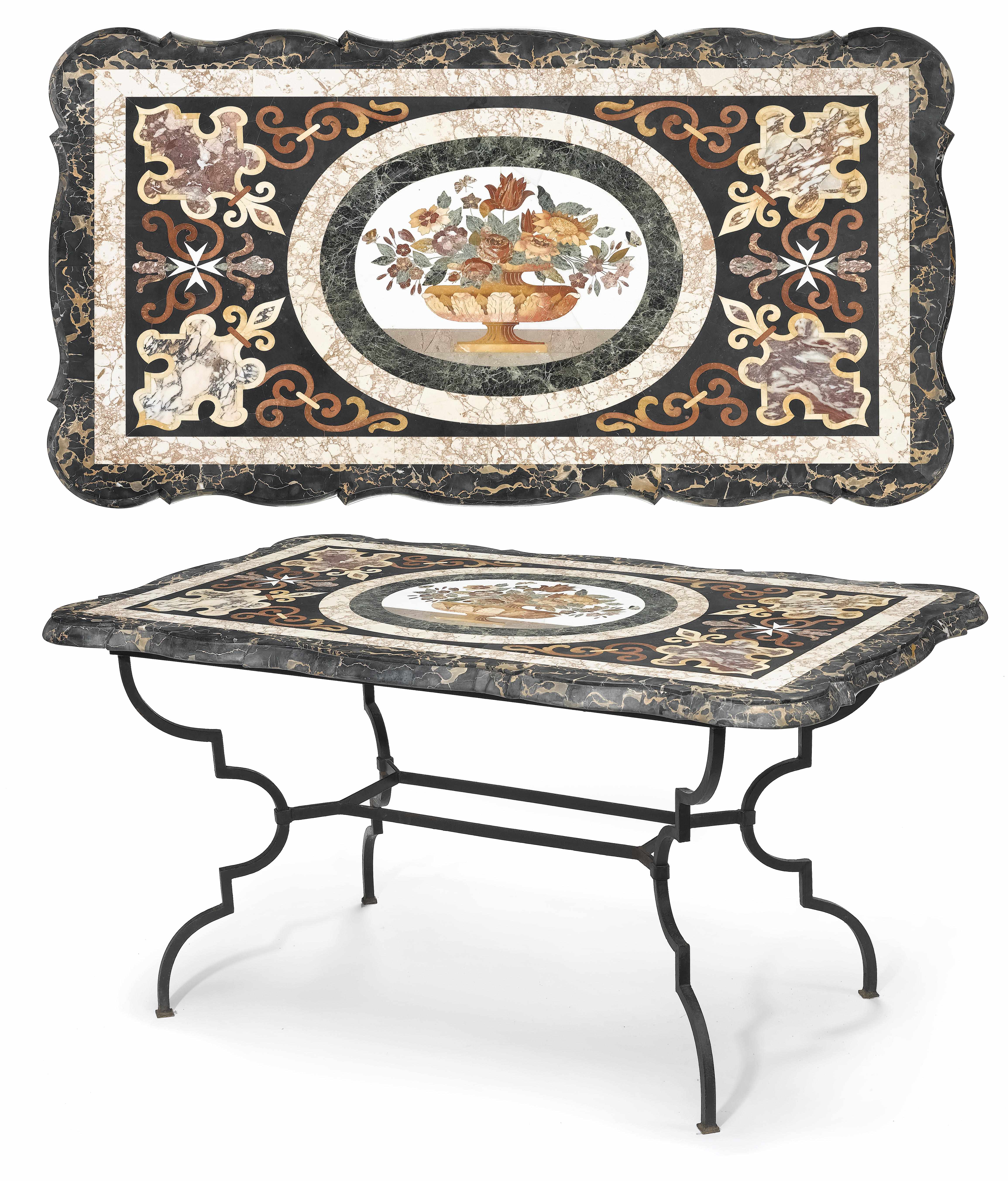 Appraisal: An Italian Baroque style pietra dura and wrought iron table