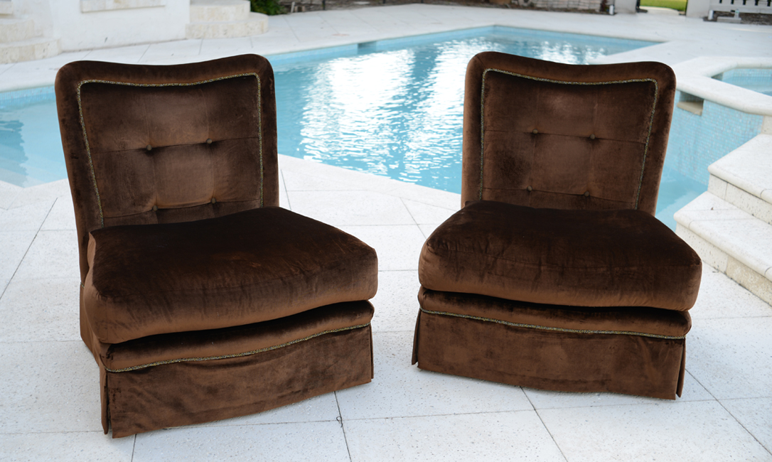 Appraisal: PAIR MARGE CARSON MARGEAUX ARMLESS LOUNGE CHAIRS Brown velvet upholstered