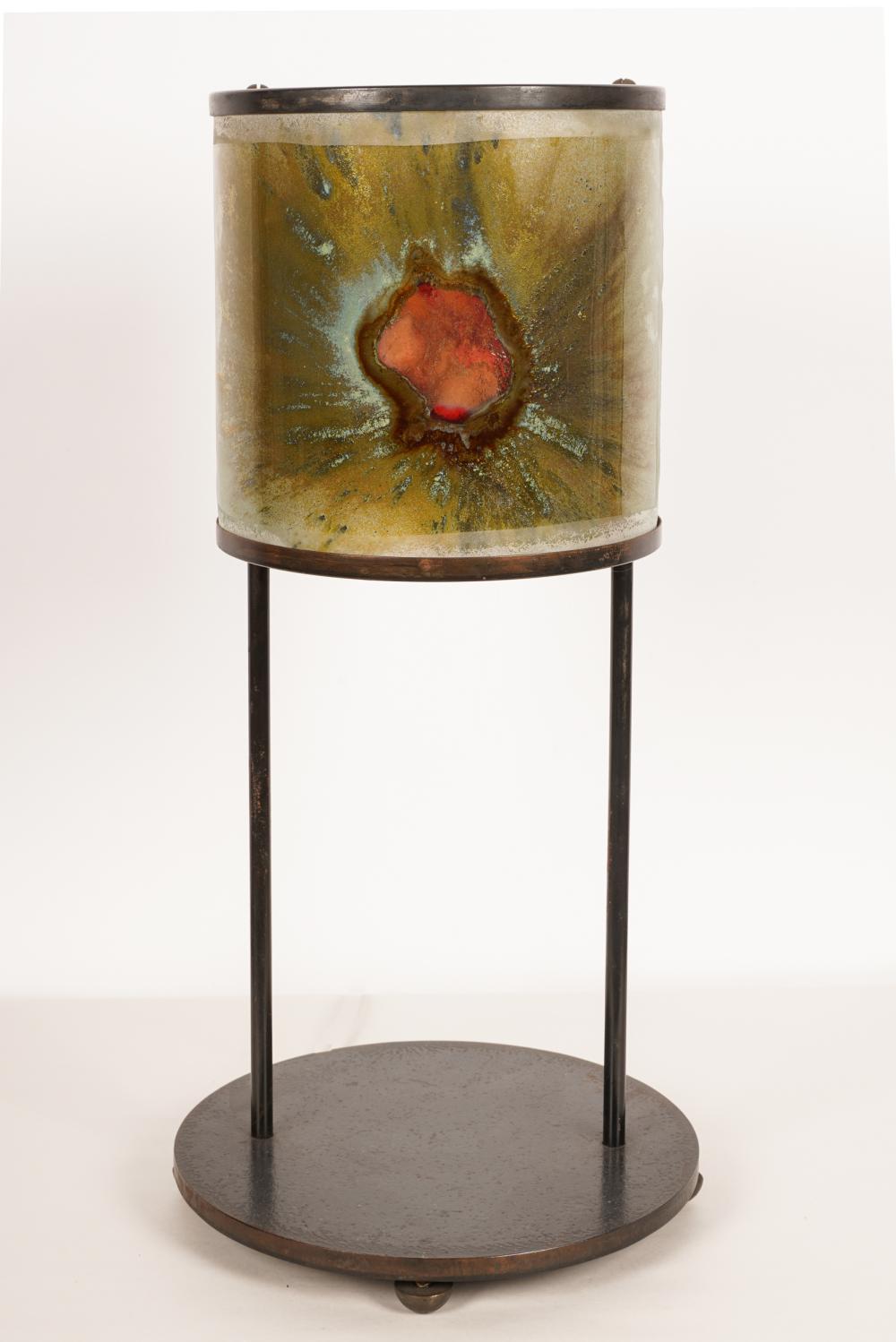 Appraisal: IRON ART GLASS TABLE LAMPsigned and dated the cylindrical shade