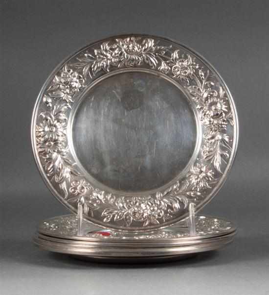 Appraisal: Five American repousse sterling silver bread plates Stieff and Kirk