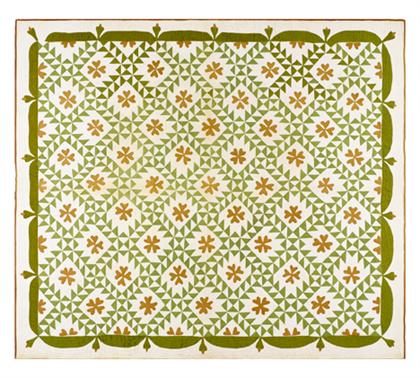 Appraisal: Pieced cotton quilt circa Printed green patches arranged in an