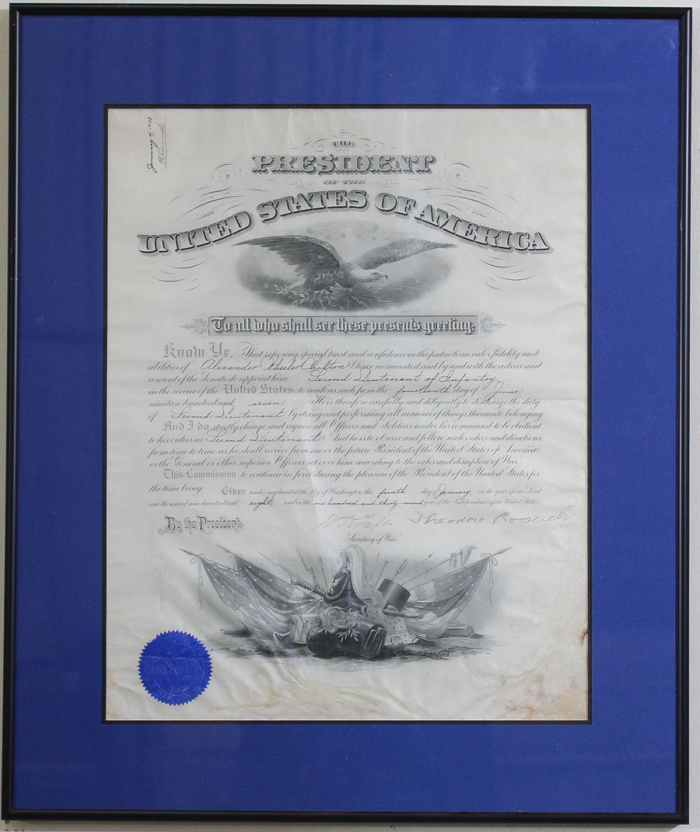 Appraisal: MILITARY COMMISSION signed by President Theodore Roosevelt to Alexander Wheeler