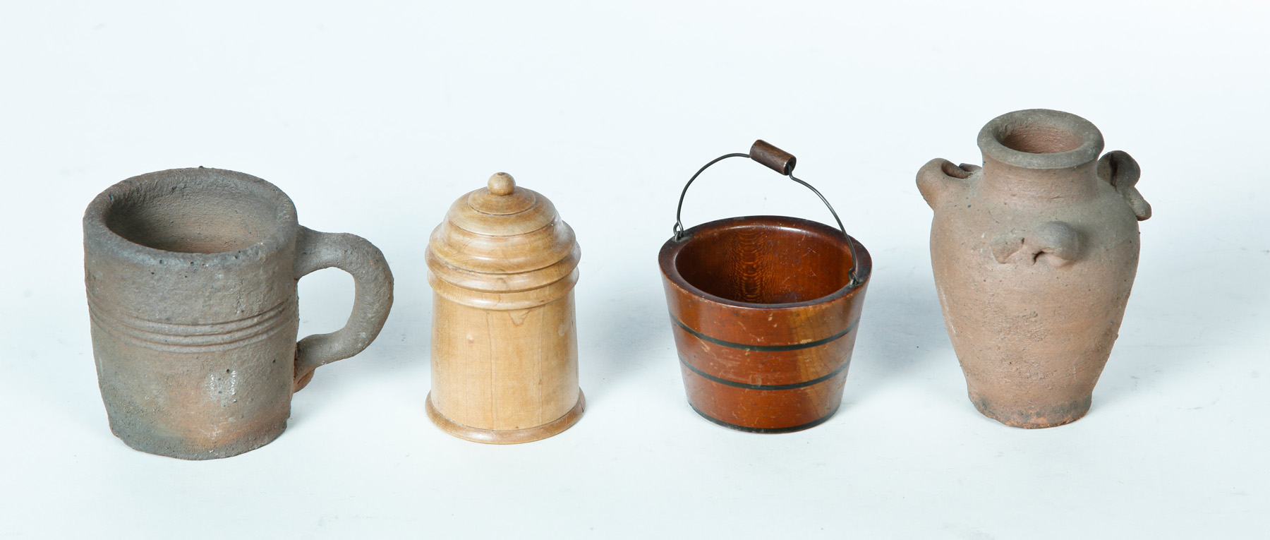 Appraisal: FOUR WOOD AND POTTERY MINIATURES Possibly Ohio late th-early th