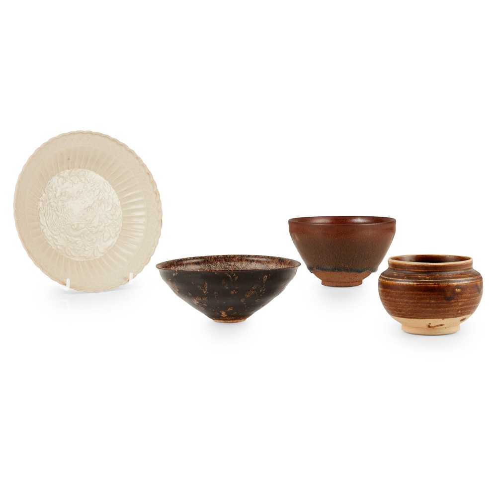 Appraisal: GROUP OF FOUR MONOCHROME STONEWARES comprising a Cizhou style brown-glazed