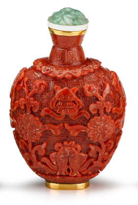 Appraisal: Chinese composition coral and gilt-metal mounted snuff bottlelate th century