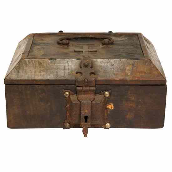 Appraisal: An Indian Iron Mounted Teak Alms Box th century having