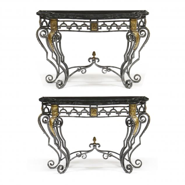 Appraisal: MAITLAND SMITH PAIR OF TESSELATED MARBLE AND IRON CONSOLE TABLES