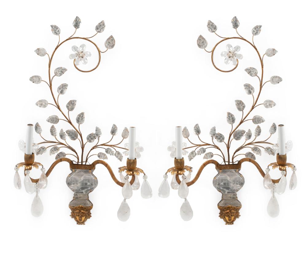 Appraisal: Pair of French Bagues-Style Bronze and Rock Crystal Two-Light Sconces