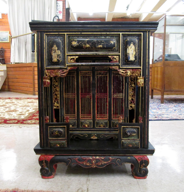 Appraisal: RED GOLD AND BLACK LACQUER ANCESTRAL SHRINE CABINET Chinese early