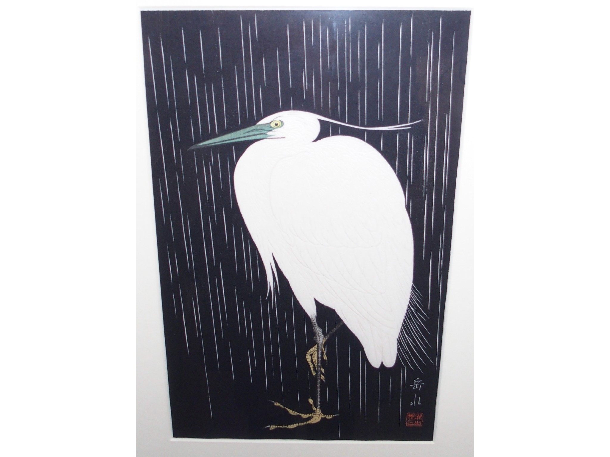 Appraisal: IDE GAKUSUI Heron in the Rain woodblock print