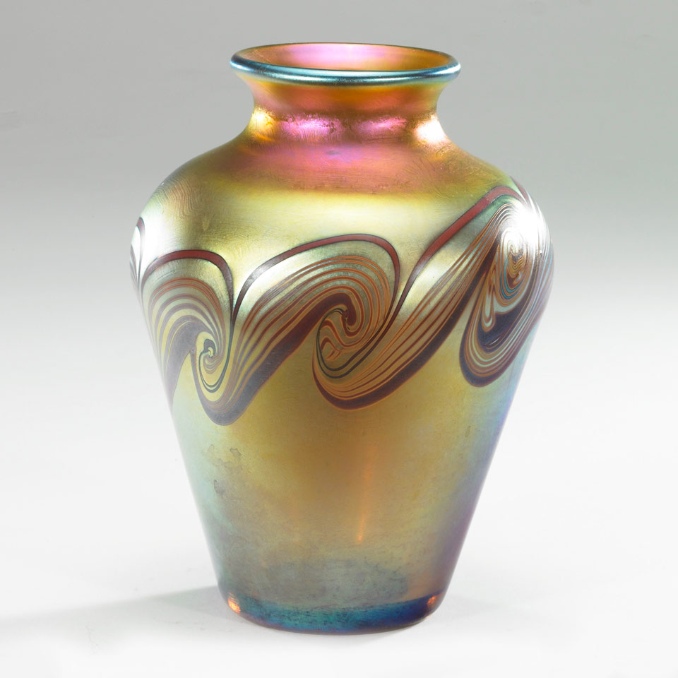 Appraisal: Lundberg Studios Decorated Iridescent Glass Vase engraved LUNDBERG STUDIOS Height