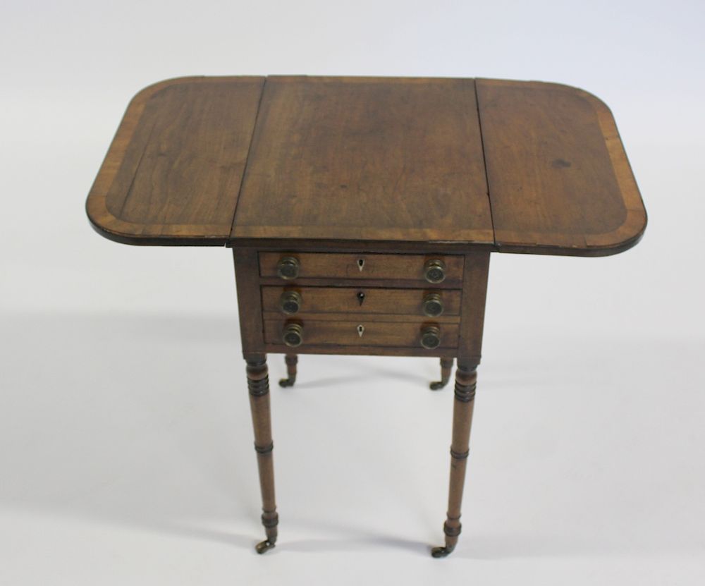 Appraisal: Antique Banded Mahogany Drop Side Sewing Stand From a Rye