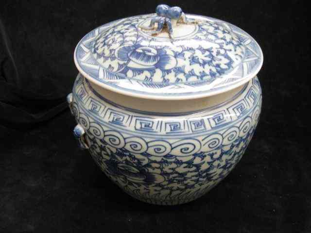 Appraisal: Oriental Porcelain Covered Bowl withapplied handles finial blue decorated ''