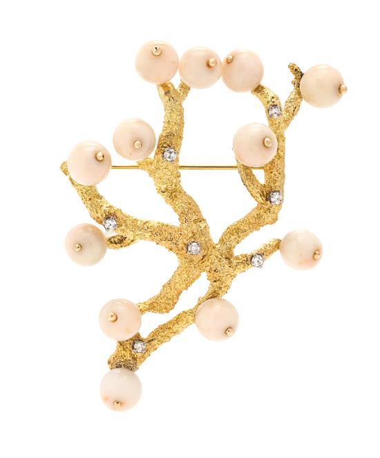 Appraisal: Sale Lot An Karat Yellow Gold Coral and Diamond Brooch