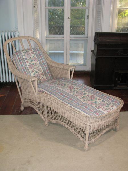 Appraisal: Vintage Wicker Chaise Lounge old painted surface custom cushion Chips