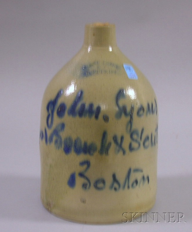 Appraisal: Cobalt Decorated Advertising John Syoms South Sts Boston Stoneware Jug