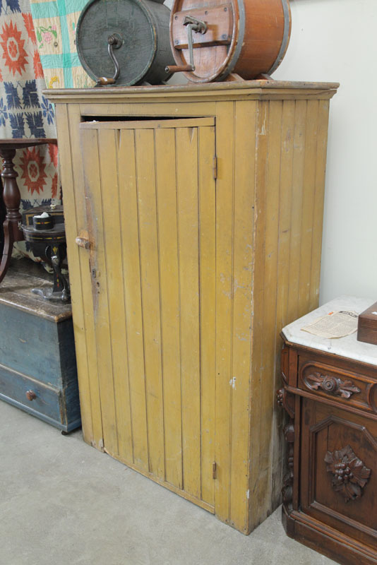 Appraisal: JELLY CUPBOARD Yellow painted pine beadboard with stepped molded cornice