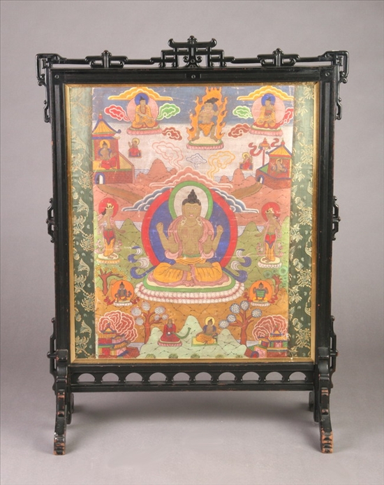 Appraisal: TIBETAN THANKA Depicting life of Buddha mounted as firescreen -