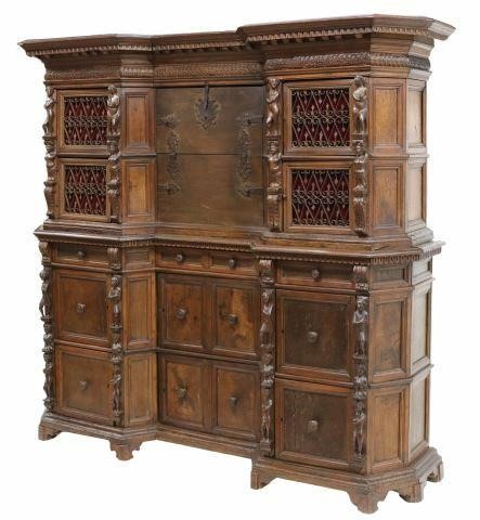 Appraisal: Italian Baroque walnut cabinet on cabinet th c having molded