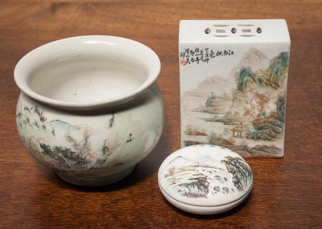 Appraisal: THREE REPUBLICAN QIAN JIANG PORCELAIN VESSELS bowl with hand painted