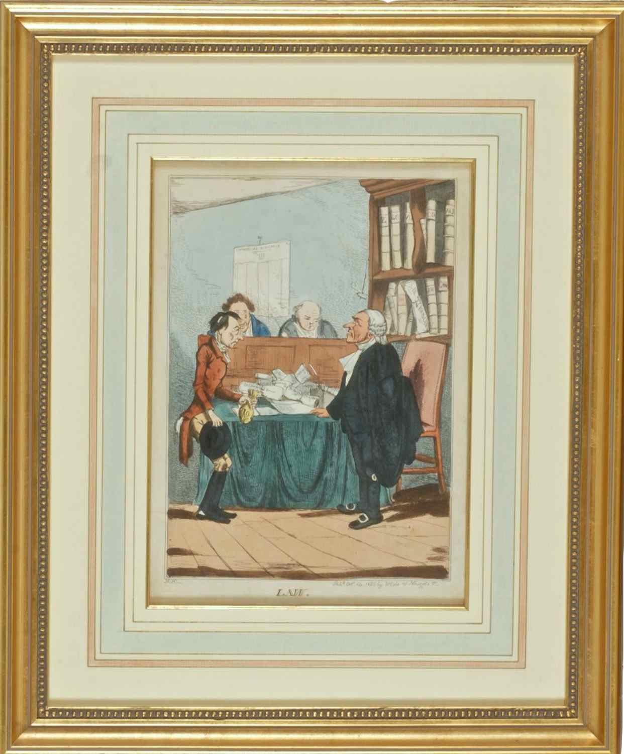 Appraisal: FRAMED ENGLISH CARICATURE PRINT LAW''Depicting a man holding a sack