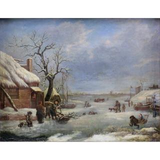 Appraisal: Antique Dutch School Oil on Canvas Winter Scene Antique Dutch