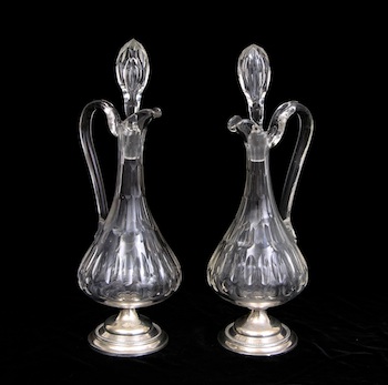 Appraisal: A Pair of Sterling and Glass Decanters Netherlands ca Patterned