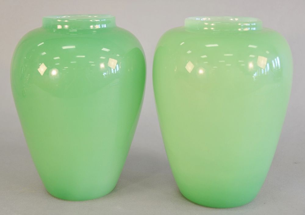 Appraisal: Pair of green jade art glass vases attributed to Steuben