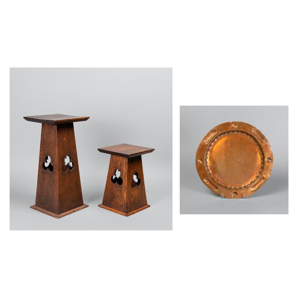 Appraisal: TWO MISSION STYLE WOOD PEDESTALS MISSION COPPER TRAYTwo Mission Style