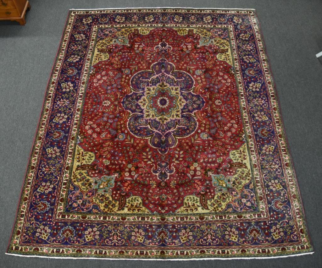 Appraisal: Handwoven palace-sized Tabriz carpet with center medallion red field overall