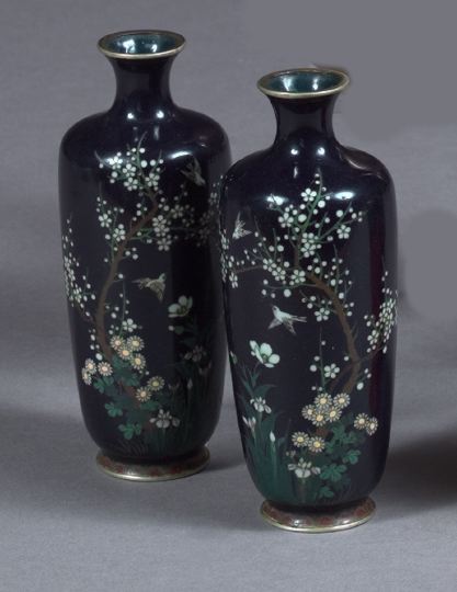 Appraisal: Pair of Japanese Taisho Midnight Blue-and-White Enameled Garniture Vases of