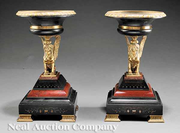 Appraisal: A Pair of Egyptian Revival Gilt Bronze and Marble Tazzas