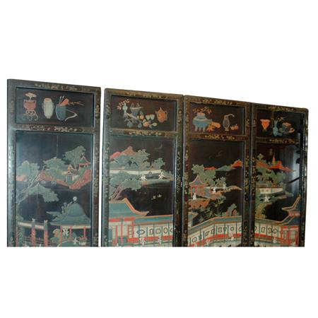 Appraisal: Chinese Ivory Inlaid Painted and Black Lacquered Four-Panel Floor Screen