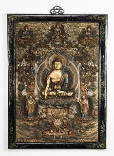 Appraisal: Chinese carved thangka-form plaque of composition material depicting the Buddha