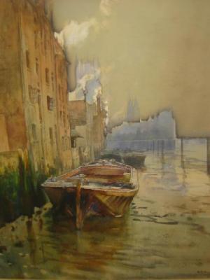 Appraisal: RUTH MERCIER Barges on a Waterfront signed x stained frame