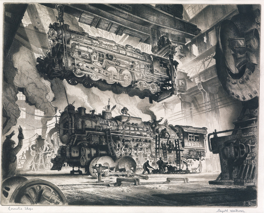 Appraisal: REYNOLD WEIDENAAR Locomotive Shops Etching and aquatint x mm x