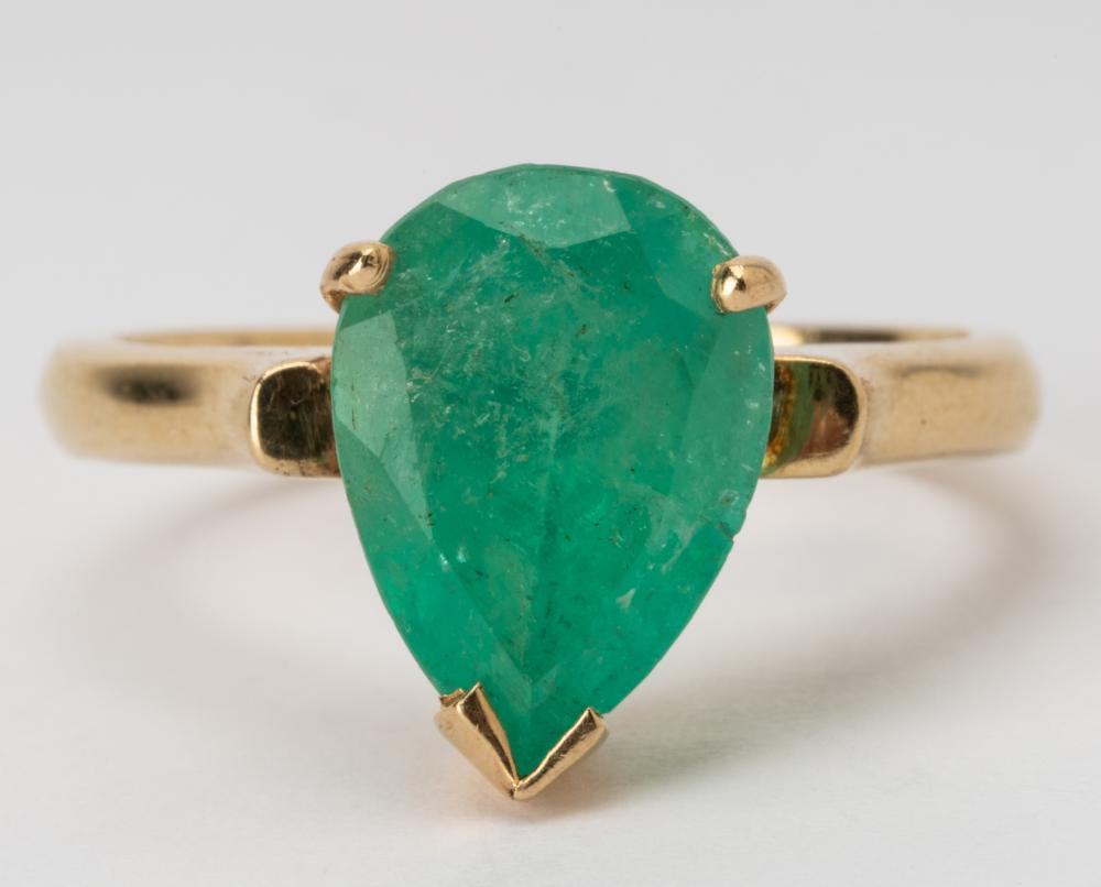 Appraisal: KARAT YELLOW GOLD EMERALD RINGFeaturing one pear shape cut emerald