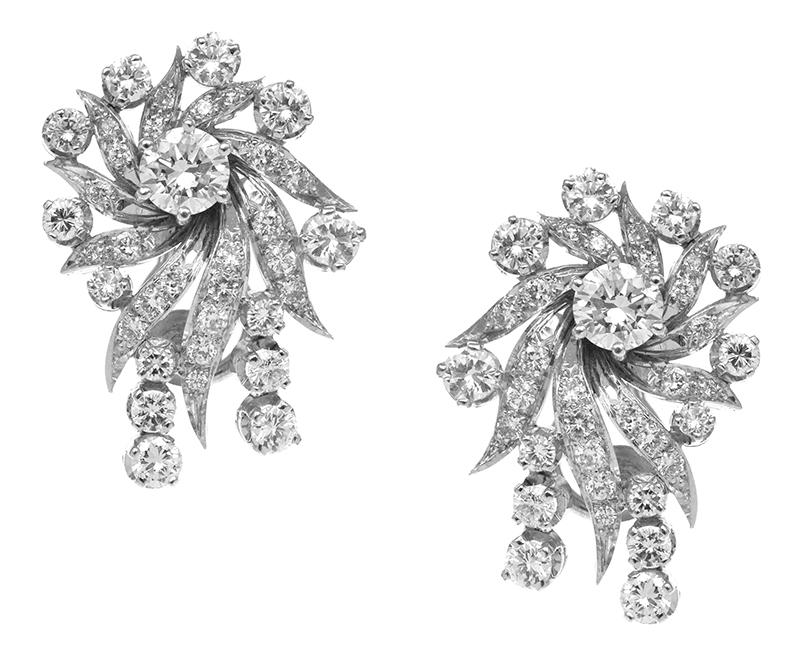 Appraisal: A PAIR OF DIAMOND EARRINGS Of floral spray design each