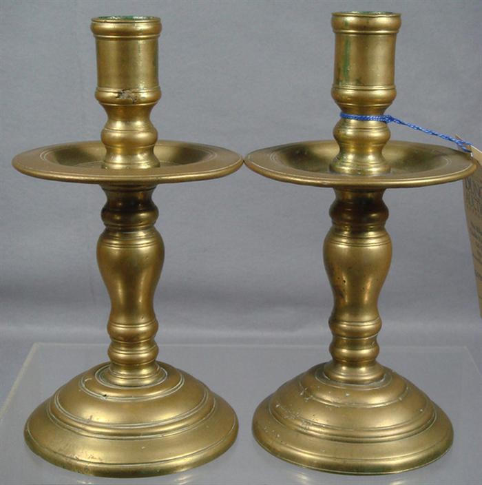 Appraisal: Pr brass candlesticks early saucer form h Estimate -