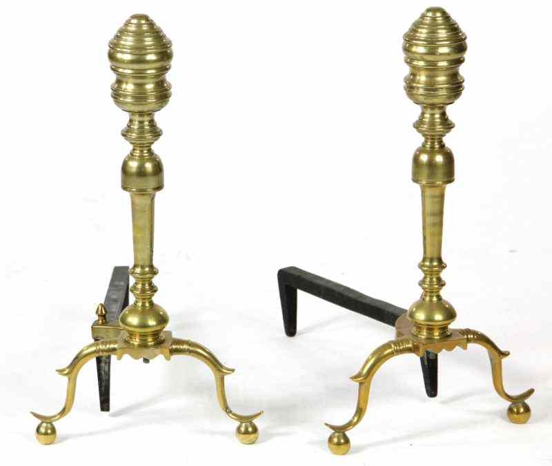 Appraisal: Pair of American Classical Style Andirons th century brass turned