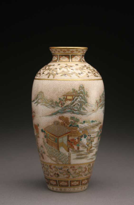 Appraisal: FINE SATSUMA VASE Elaborately detailed Japanese Satsuma vase of ovoid