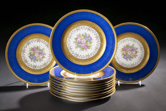 Appraisal: Set of Twelve Vignaud Limoges Richly Gilded Royal-Blue-Bordered Porcelain Dinner