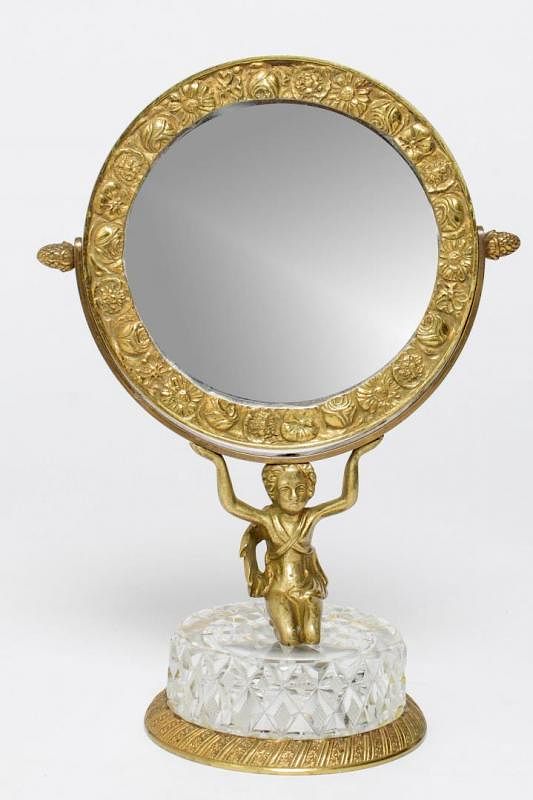 Appraisal: French Glass Ormolu Figural Vanity Mirror French antique vanity mirror